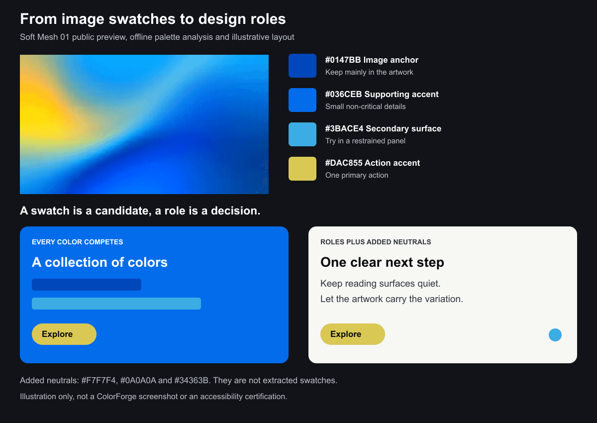 Soft Mesh 01 beside four image-derived swatches labelled as image anchor, supporting accent, secondary surface and action accent. Two illustrative panels compare competing color surfaces with a quiet neutral layout and one yellow action.
