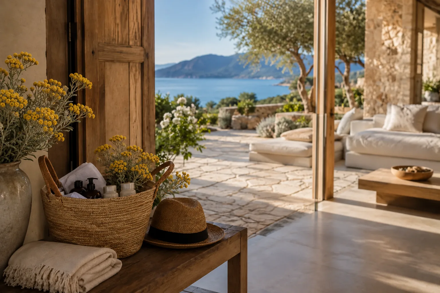 Entrée de villa ouverte sur une terrasse et la mer, bouquet d’immortelles dans un vase.