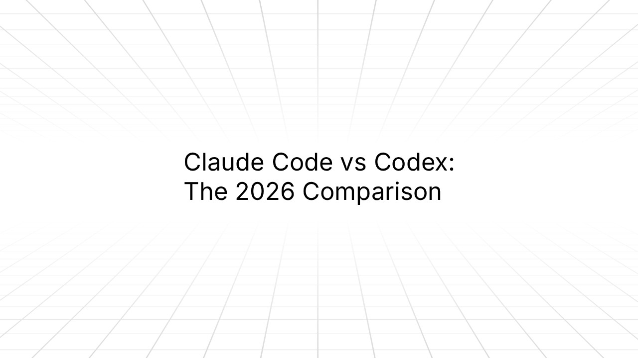 Slide with a light grid background featuring centered black text reading ‘Claude Code vs Codex: The 2026 Comparison.