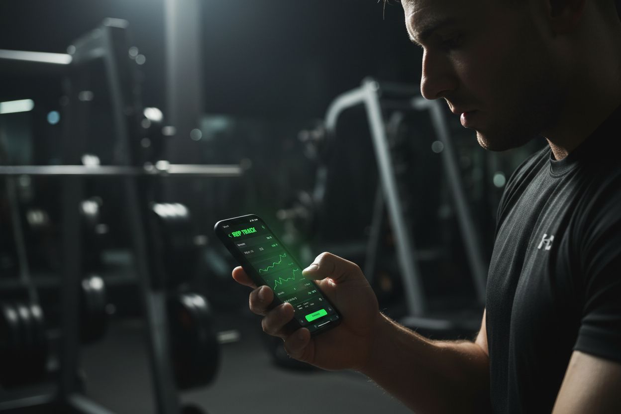 Person checking a workout app in the gym