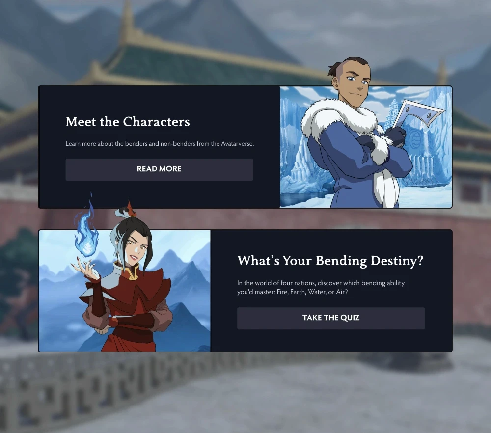 Dark-themed UI components for character profiles and a quiz, featuring Sokka and Azula as card illustrations.