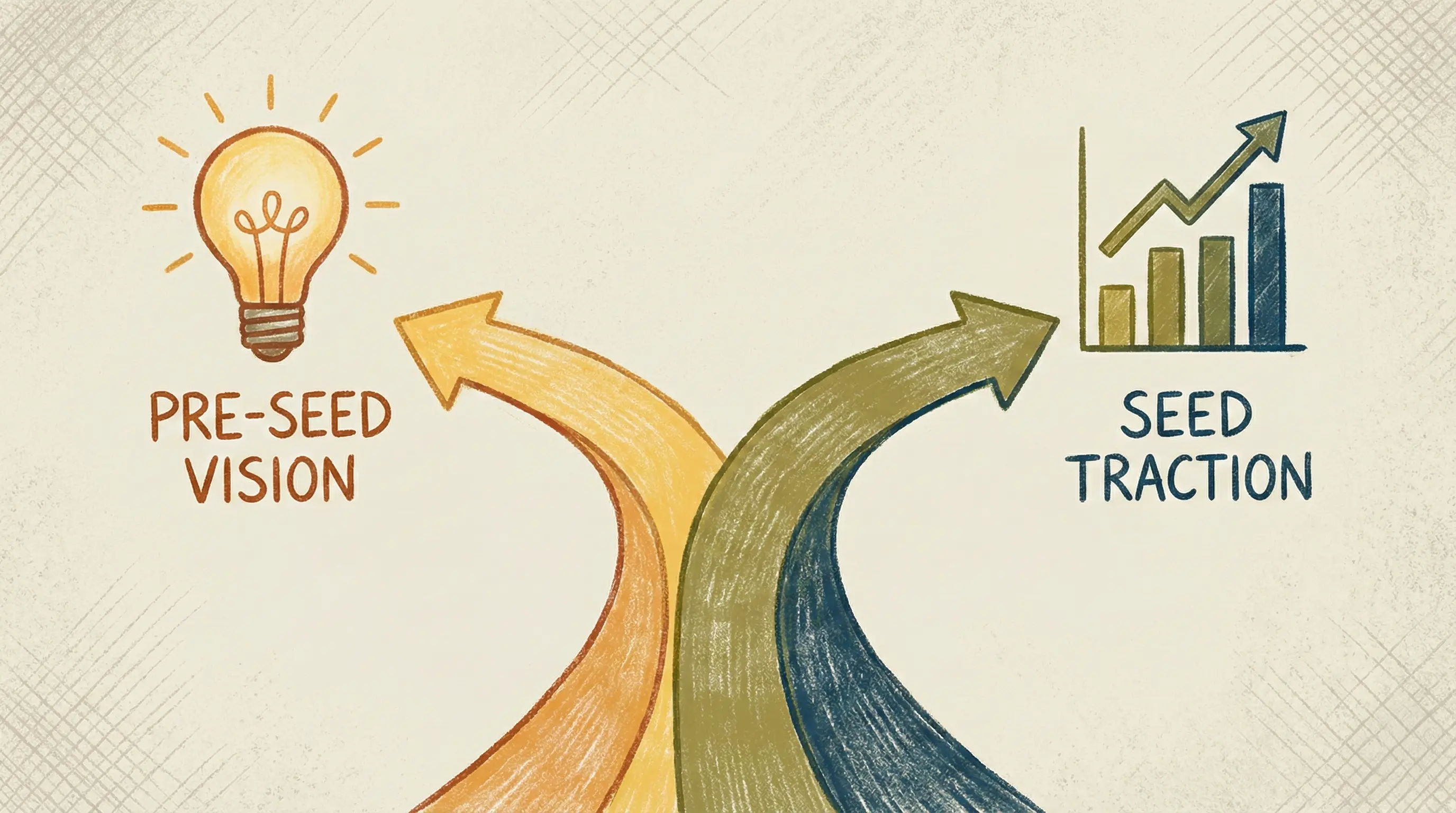 A minimalist graphic showing two distinct paths: a lightbulb representing pre-seed vision and an upward chart representing seed traction.