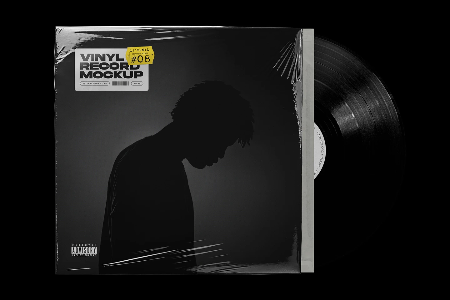 Realistic vinyl record mockup showing plastic wrap album cover and partially visible vinyl