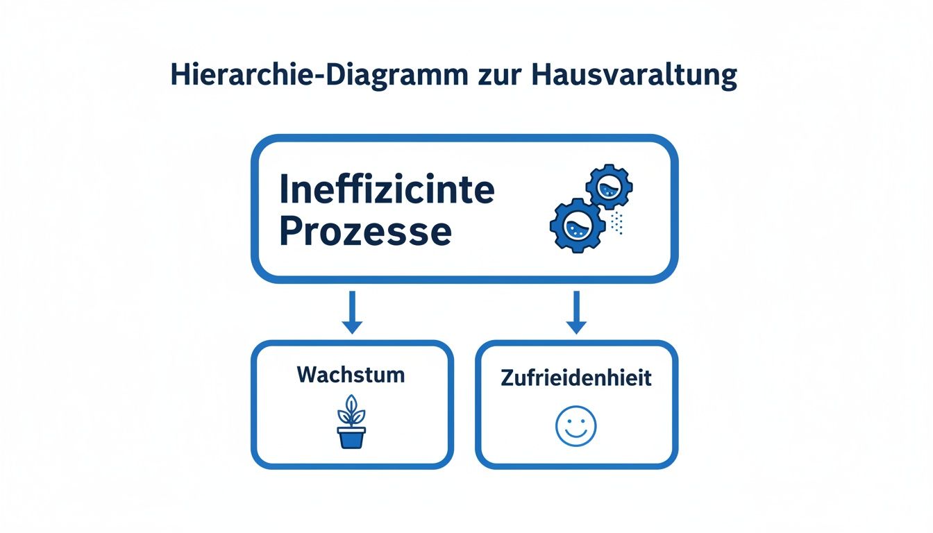 Hierarchie-Diagramm zeigt, wie ineffiziente Prozesse Wachstum und Zufriedenheit in der Hausverwaltung beeinflussen.