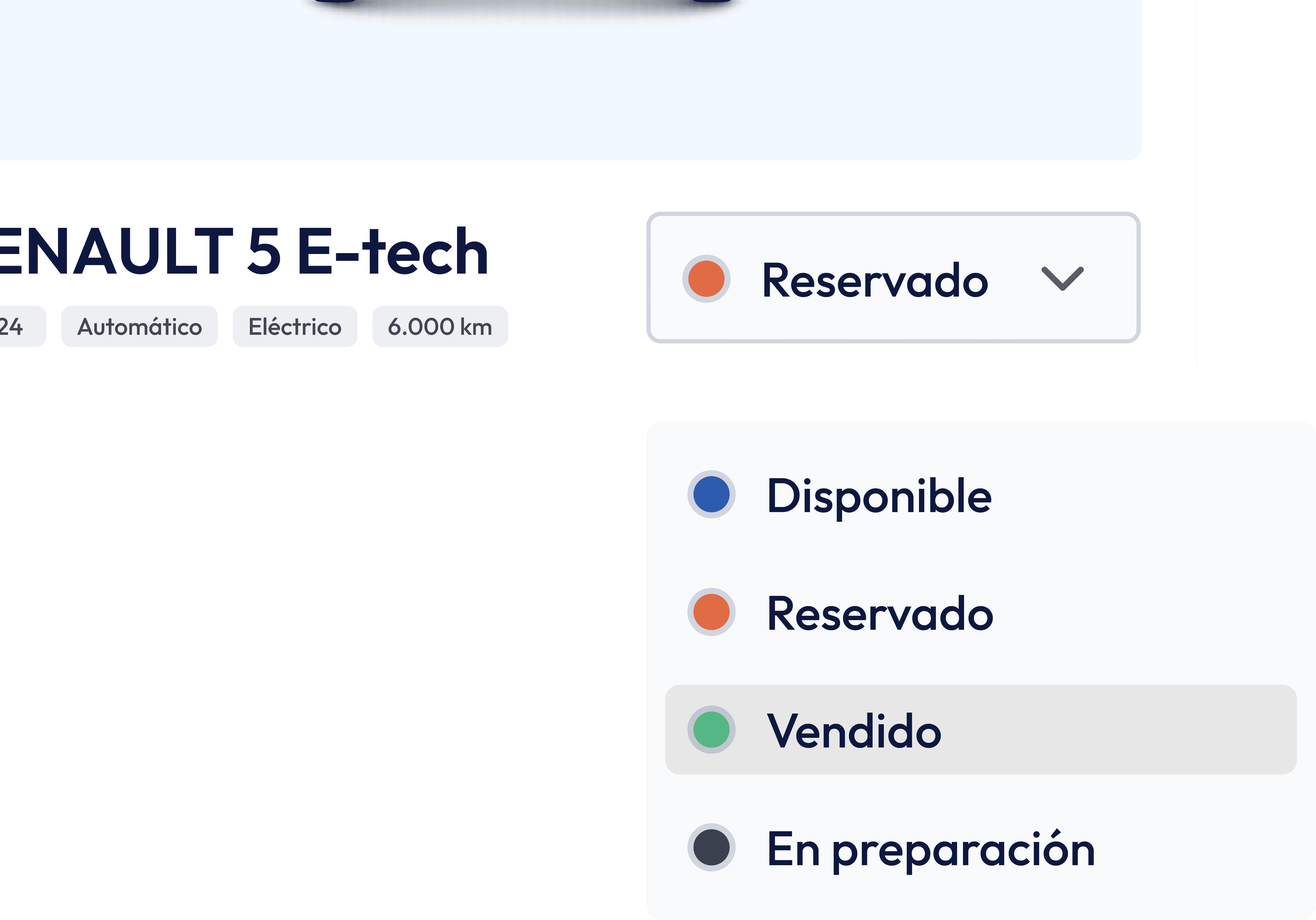 Renault 5 E-tech status: Reserved, Available, Sold.