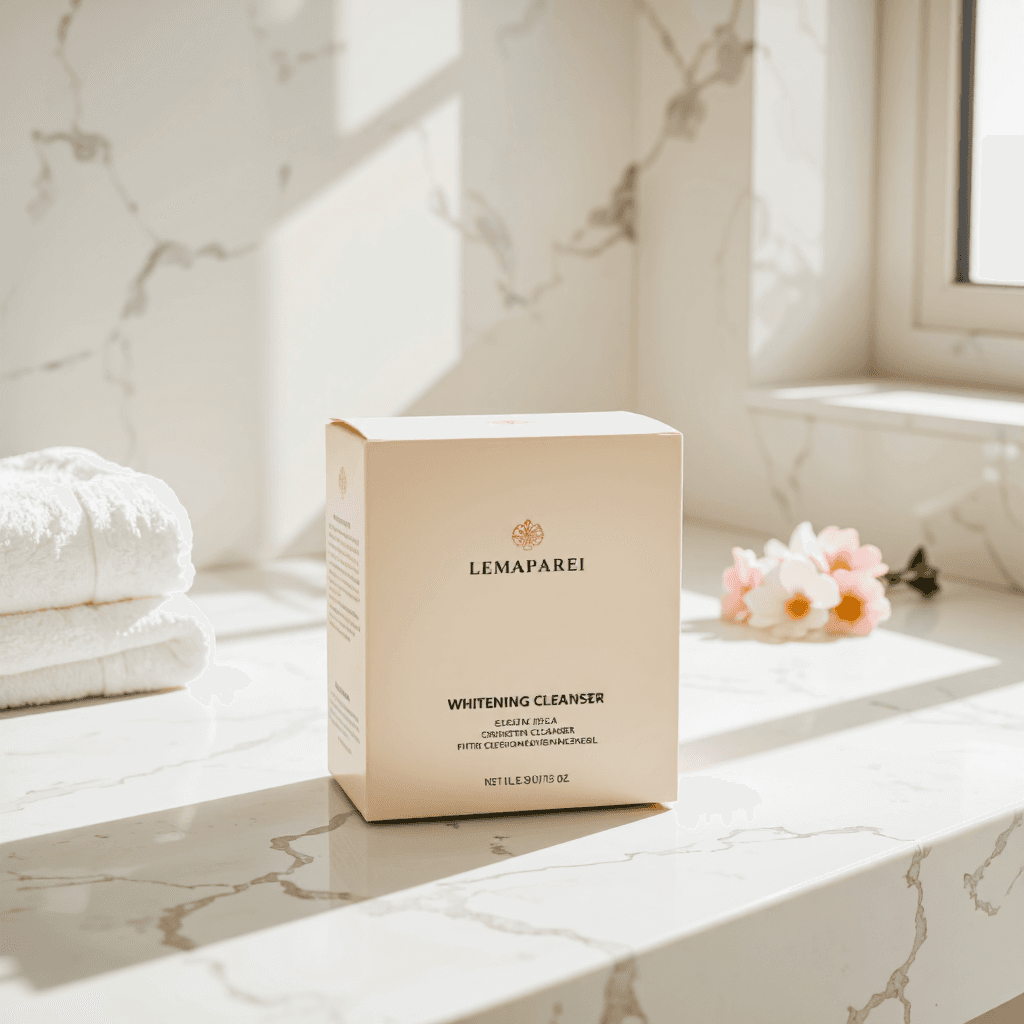 product photography of a cream box of whitening cleanser