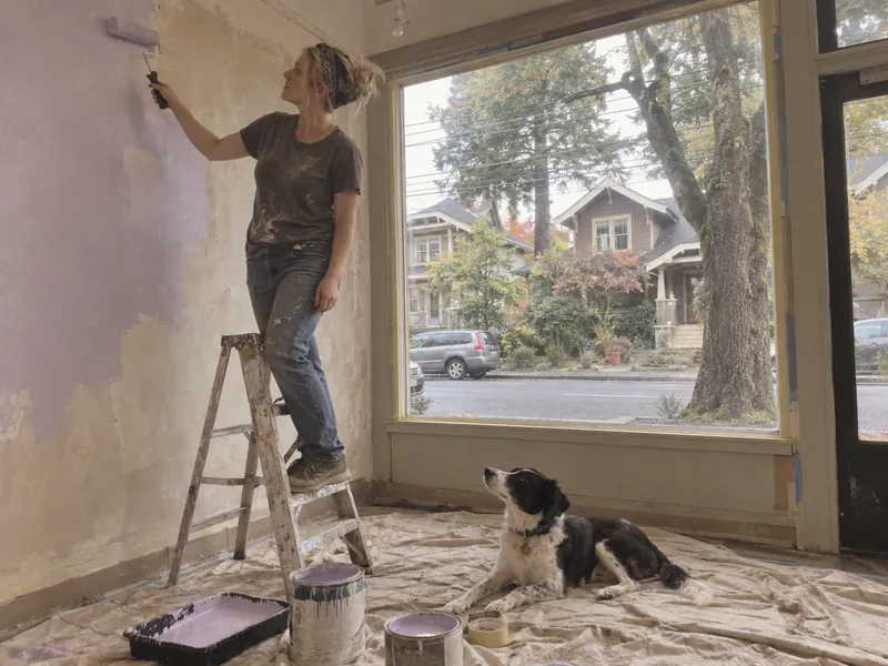 Nell painting the walls of the empty salon in 2014 while a dog watches from the floor
