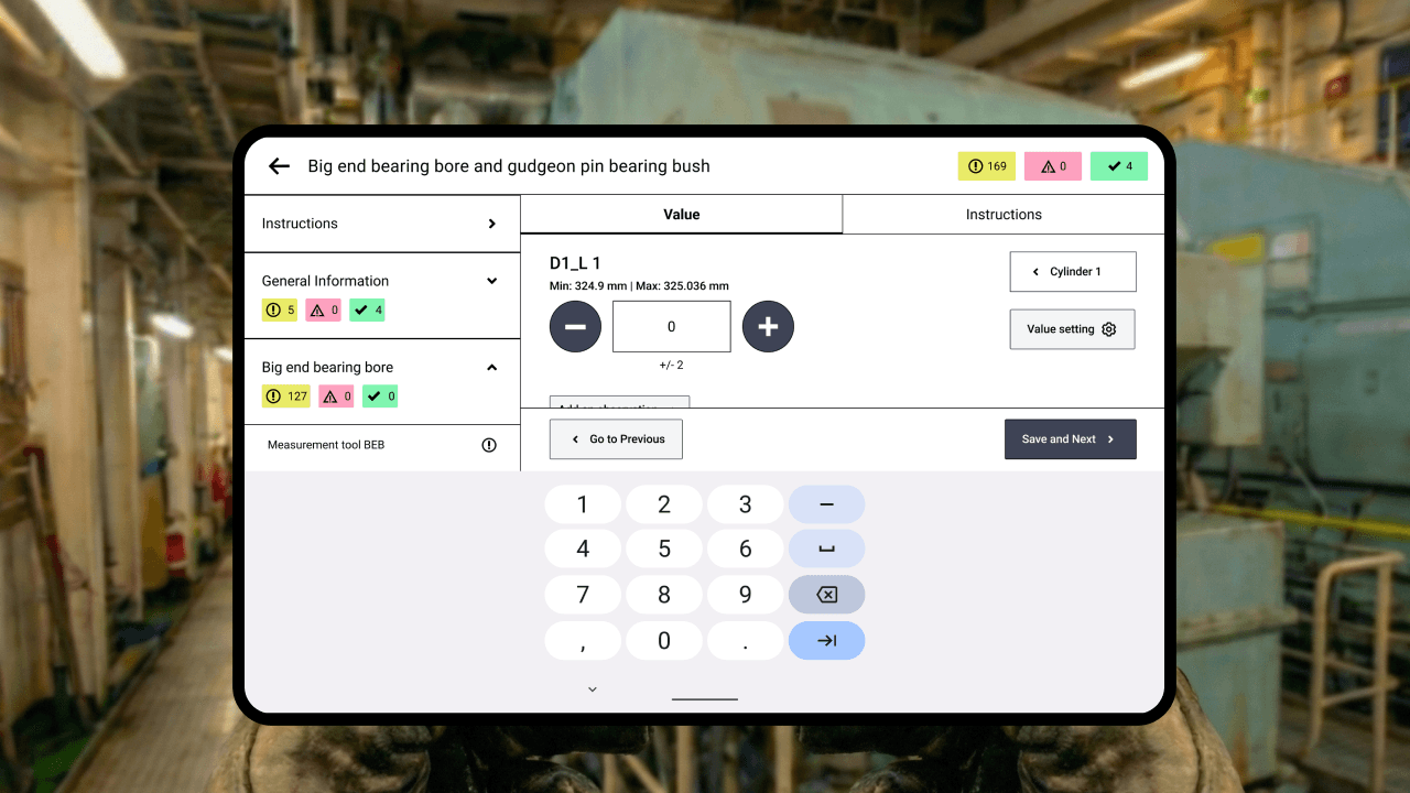 Tablet mockup displaying an industrial UX dashboard for data collection, overlaid on an engine room background.
