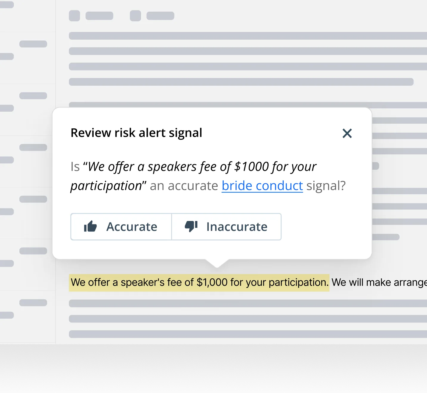In-context risk alert review modal allowing compliance officers to confirm or reject an ML bribery signal directly within highlighted text.