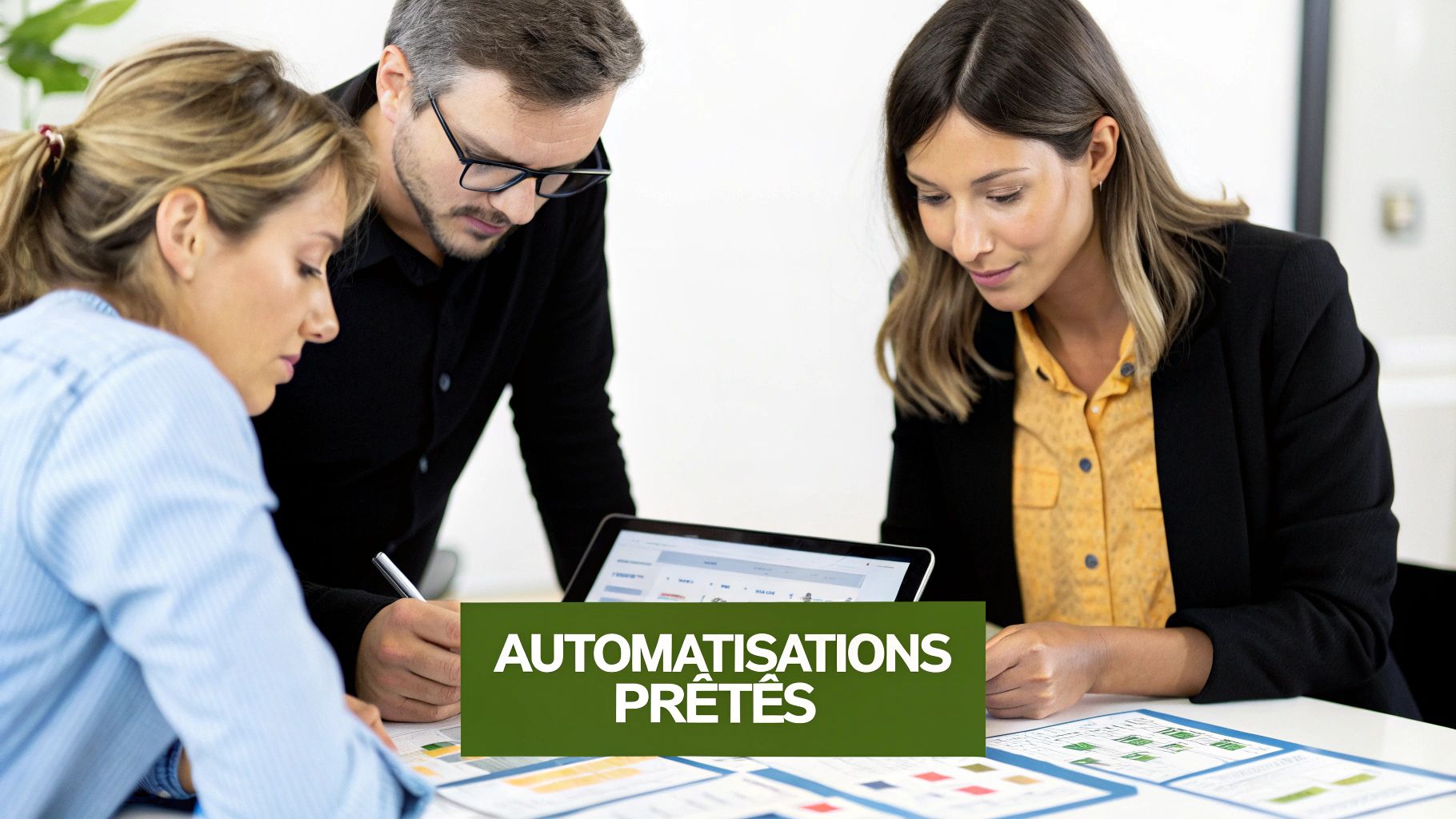 Trois professionnels concentrés travaillent ensemble dans un bureau, examinant des documents et une tablette.