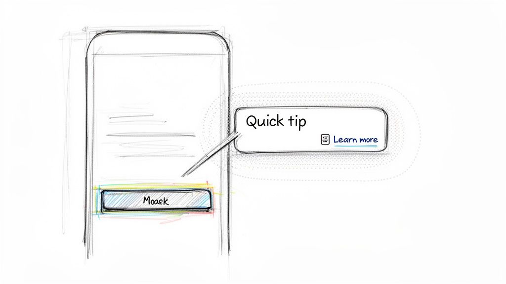 A hand-drawn sketch of a mobile phone UI with a 'Quick tip' tooltip and 'Learn more' link.