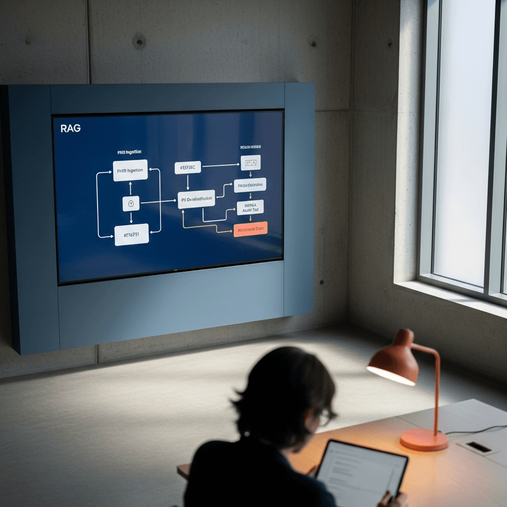 Editorial photograph of a minimalist, modern data operations center with natural light from a large window. A large, wall-mounted monitor displays a clean architectural diagram of a RAG data pipeline, using brand colors #1F3B5B, #E76F51, and #F5F2EC. The diagram has clear, unobtrusive labels like 'FHIR Ingestion,' 'PII De-identification,' and 'HIPAA Audit Trail.' In the out-of-focus foreground, the back of a person's head and shoulder are visible as they review a tablet. The composition is clean, with ample negative space in the upper-left third for text overlay. Aspect ratio 16:9. No text, no logos, photorealistic.