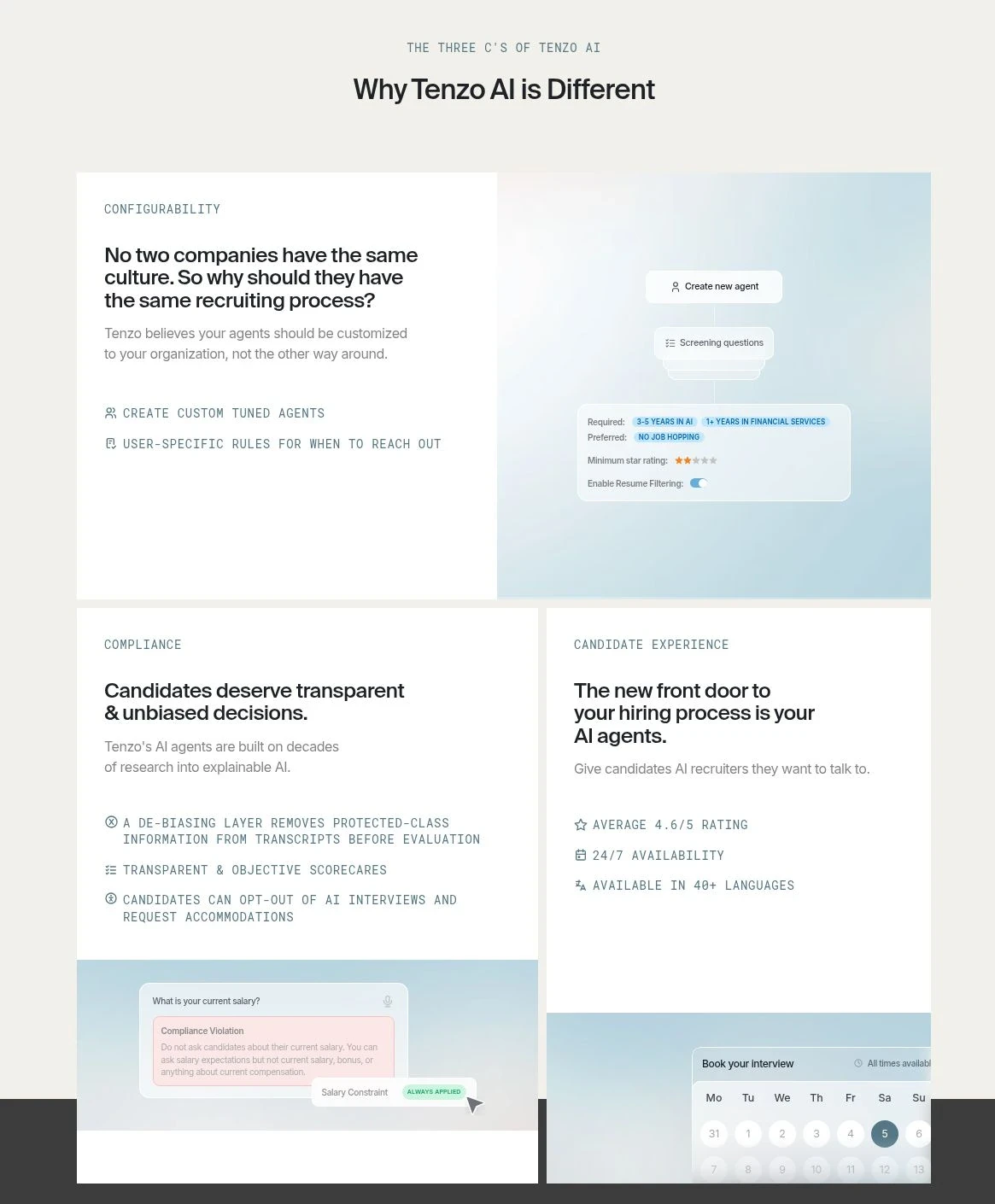 Tenzo AI platform section covering configurability, compliance, and candidate experience