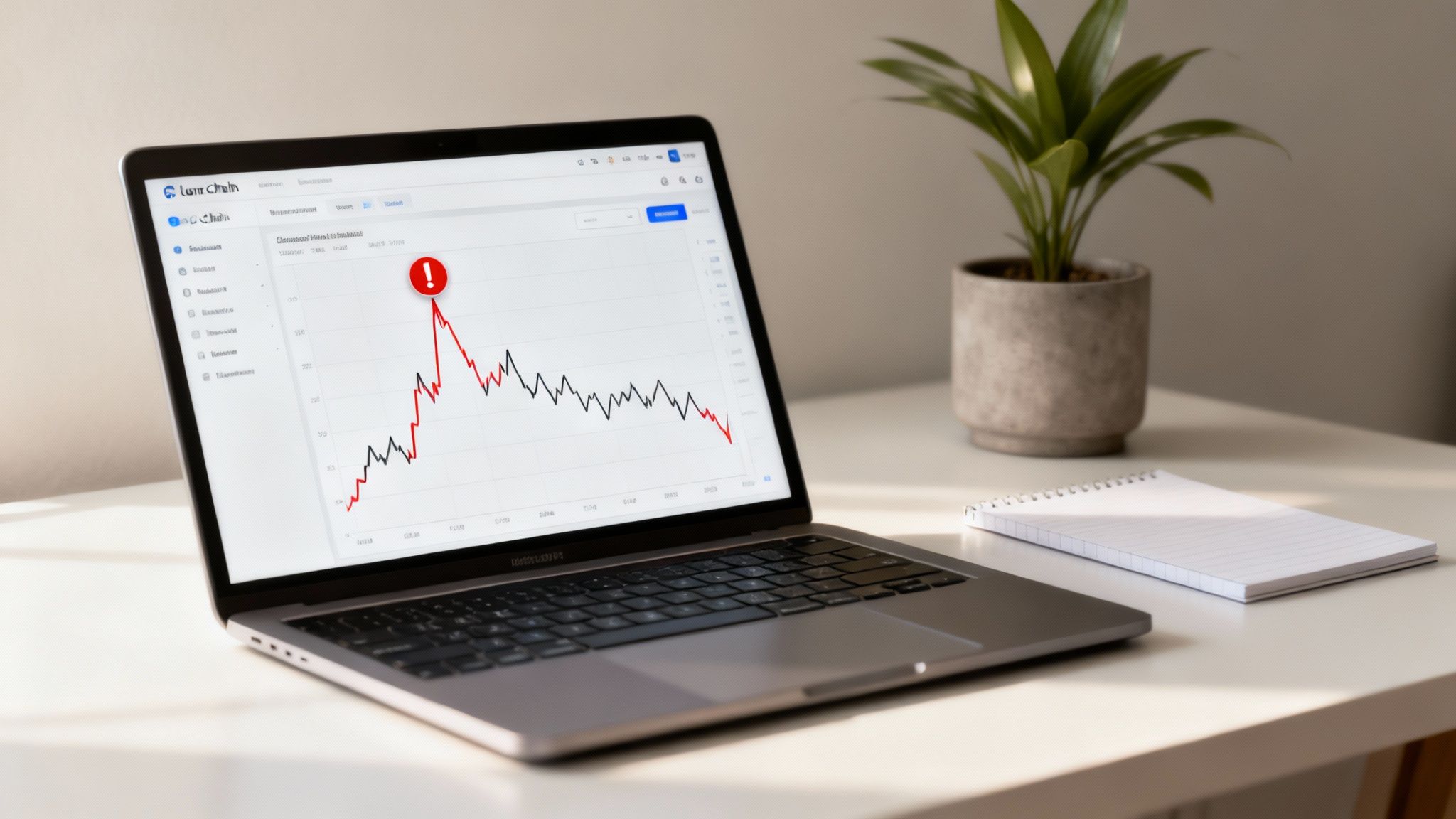 A laptop displays a financial graph with a red downturning line and an alert icon, indicating market risk.