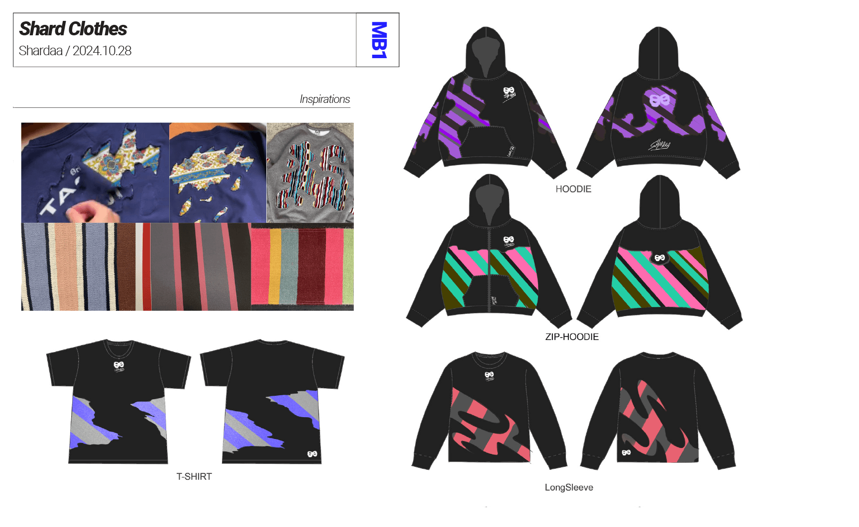 Technical design sheet showing color and pattern variations for the Shaardaa streetwear collection hoodie.