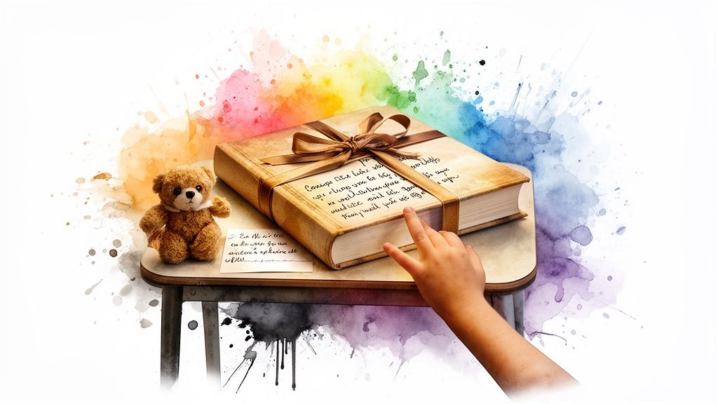 A child's hand reaches for a ribbon-bound book next to a teddy bear amidst colorful watercolors.
