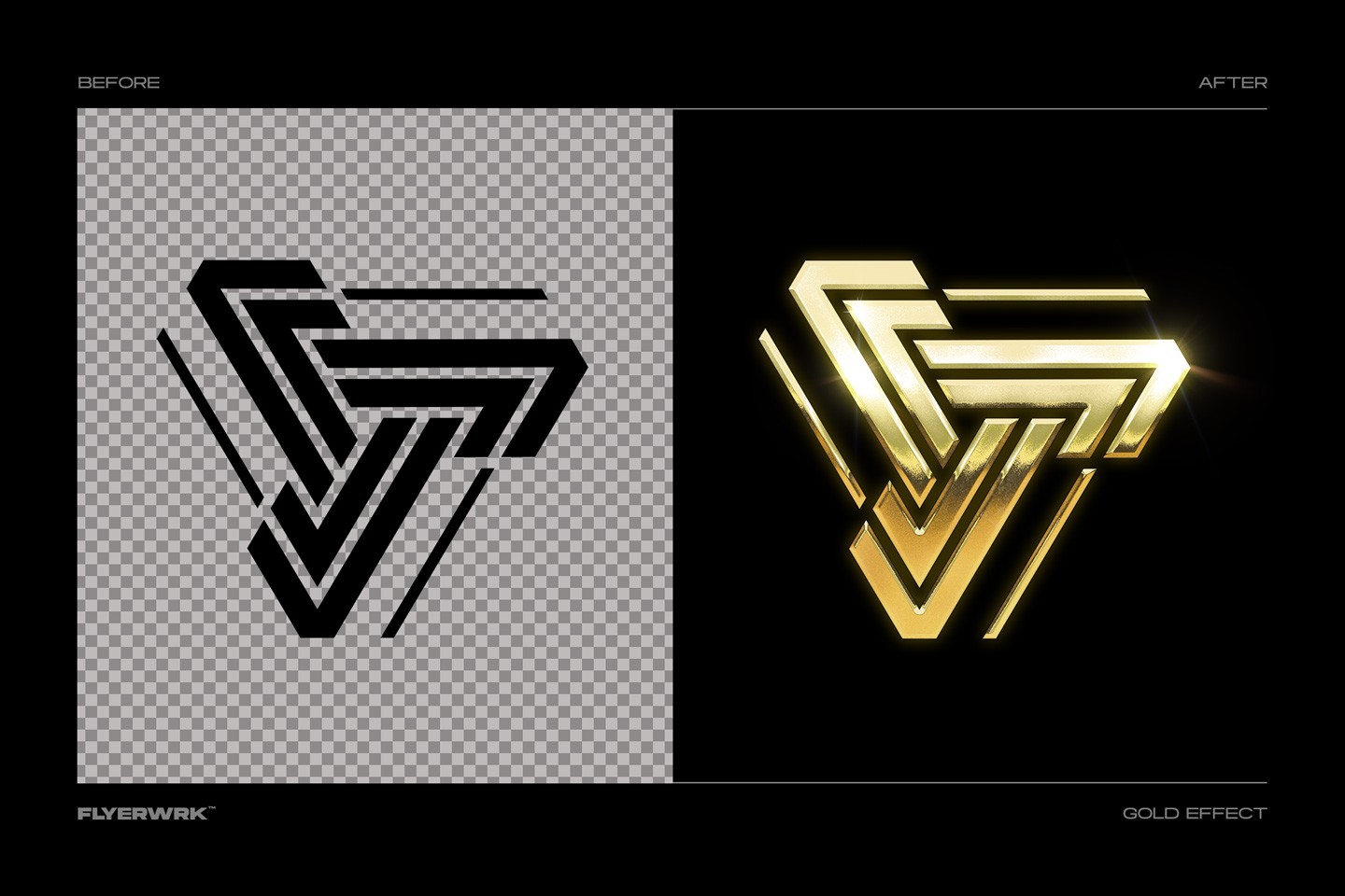 Gold Logo Mockup comparison showing a flat black icon before and after gold effect application