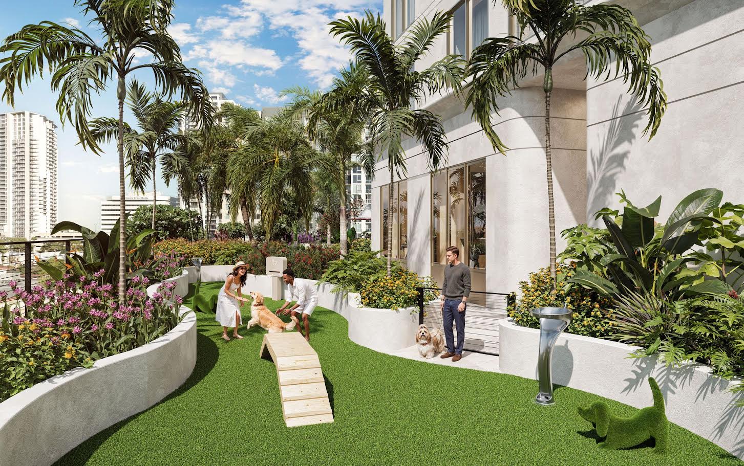 Rendering of the Roche Bobois St. Pete Tower pet-friendly amenity park with lush lawns, tropical palm trees, flowering plants, and a dog ramp for residents and their pets
