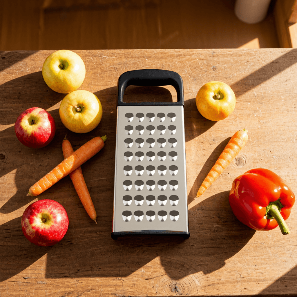 product photography of a box grater used for shredding and grating food