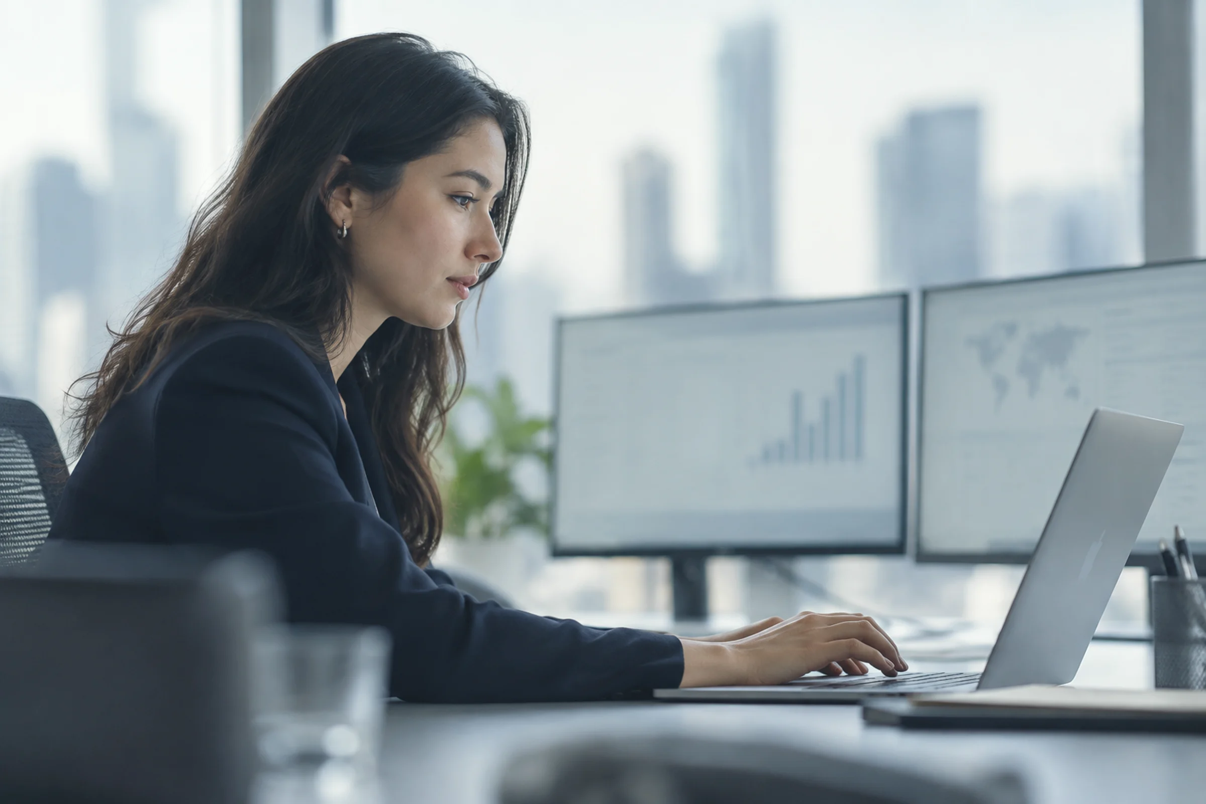 An analyst working on a laptop in front of two monitors