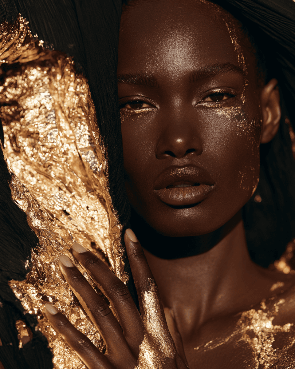 Abshir gold reveal portrait with gold leaf against a dark background