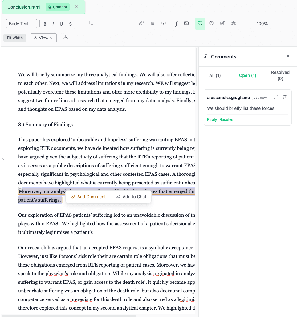 Coauthor comment panel showing a co-author reviewing selected text in a shared manuscript