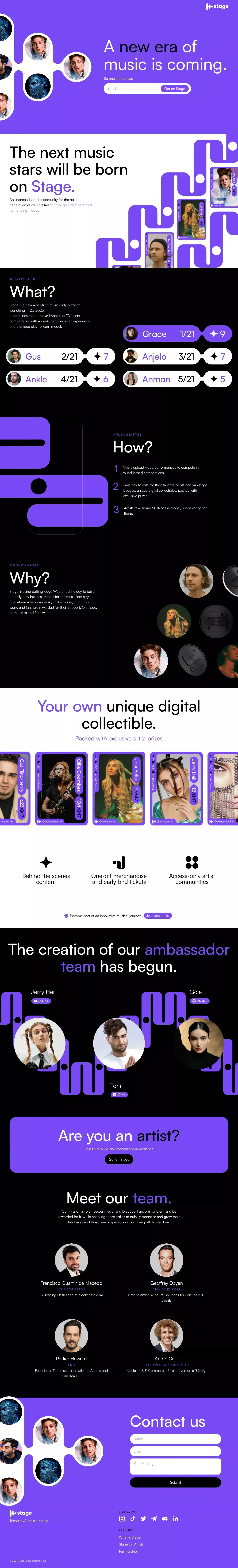 Stage - The world needs a Stage landing page screenshot showcasing Tech and Music design