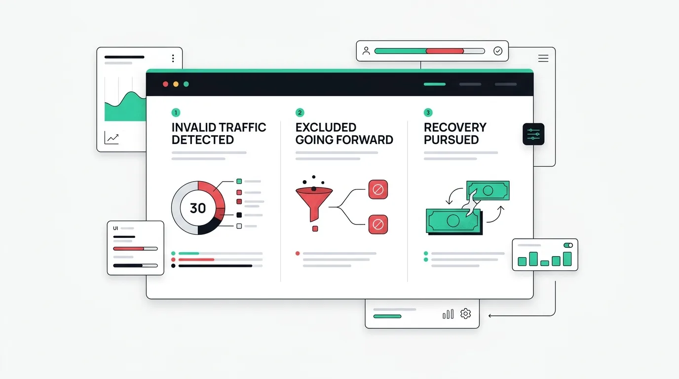 Clean client-facing report mockup showing three metrics: invalid traffic detected, excluded going forward, and recovery pursued, with green and red accents