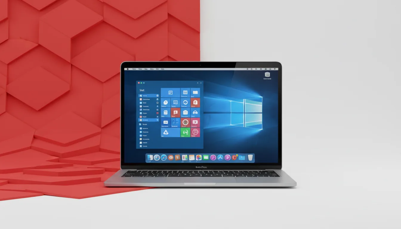 Clean product shot of a silver MacBook Pro, positioned centrally on a minimalist background composed of a white field and a red geometric block pattern to the left. The laptop's screen is brightly lit, displaying the macOS UI with a colorful dock at the bottom. A maximized application window is open, running a clean installation of the Windows 10 desktop, with the blue-accented Start Menu open and populated with abstract UI elements and placeholder icons. The image features soft, even studio lighting and has a sharp, high-fidelity commercial aesthetic.