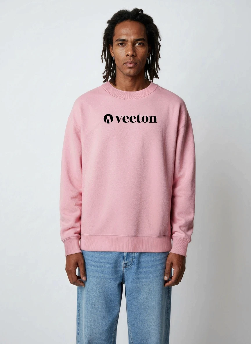 AI-generated fashion model with locs wearing pink Veeton sweatshirt and light blue jeans