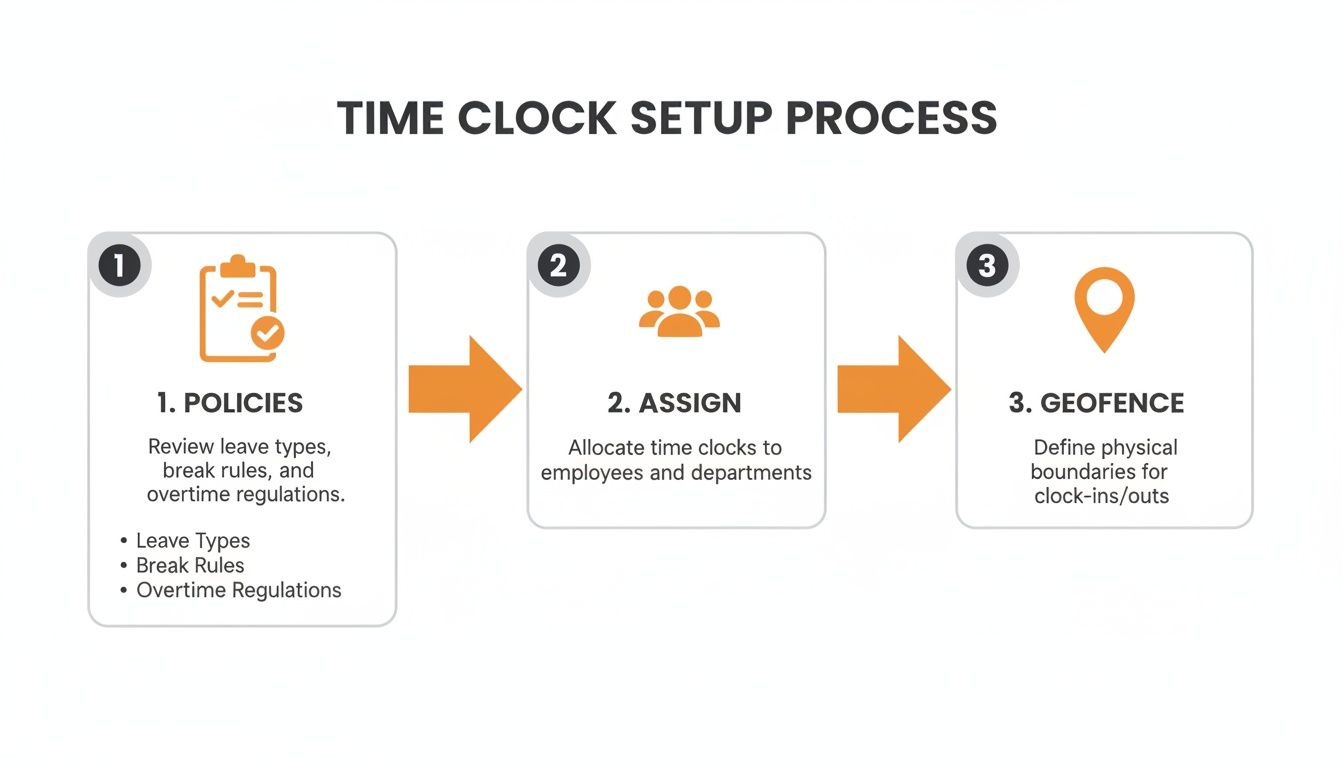 A flowchart illustrates the time clock setup process with three steps: policies, assigning, and geofence configuration.