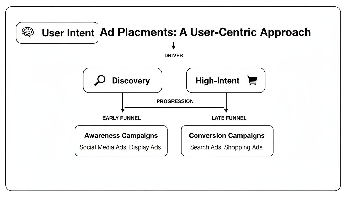 Flowchart illustrating user intent ad placements, from discovery and awareness to high-intent and conversion campaigns.