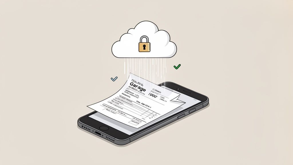 A smartphone displaying a 'Garage' invoice, with secure cloud storage indicated by a locked cloud and checkmarks.