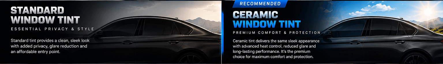 Detailtopia comparison graphic showing standard window tint and recommended ceramic window tint