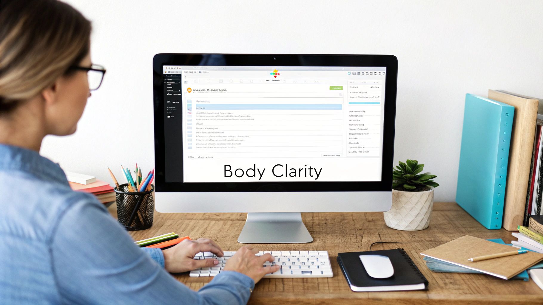 Woman thoughtfully considering her email tone while sitting at a desk with a laptop.