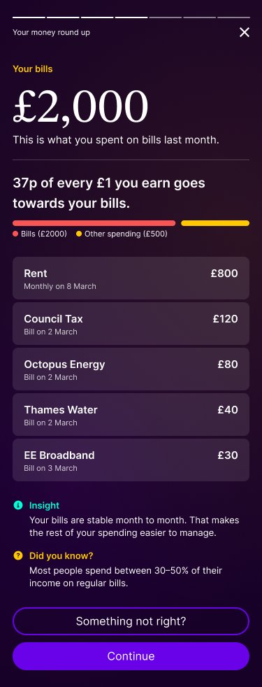 Aida app monthly bills breakdown showing total spent on rent, council tax, energy, water, and broadband, with the share of income going towards bills