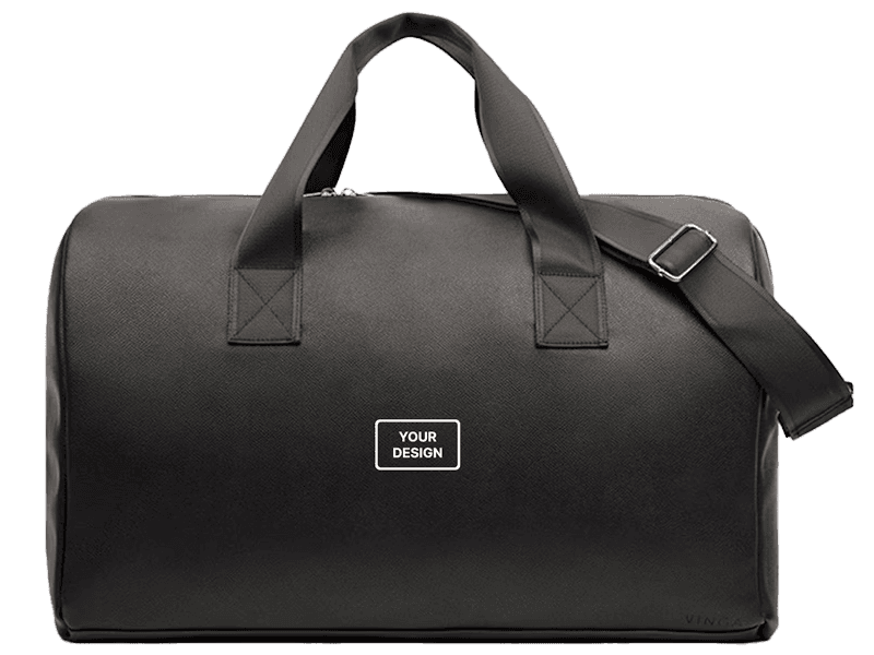 Premium recycled PU duffel bag with sturdy handles and logo area.