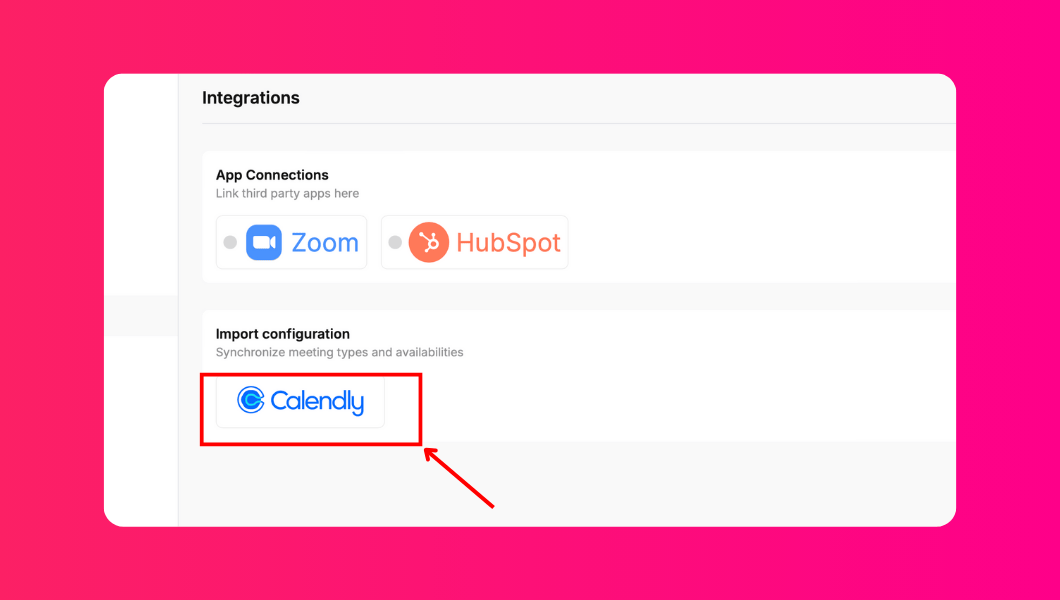 Warmcal integrations page with arrow pointing at the import Calendly configuration button