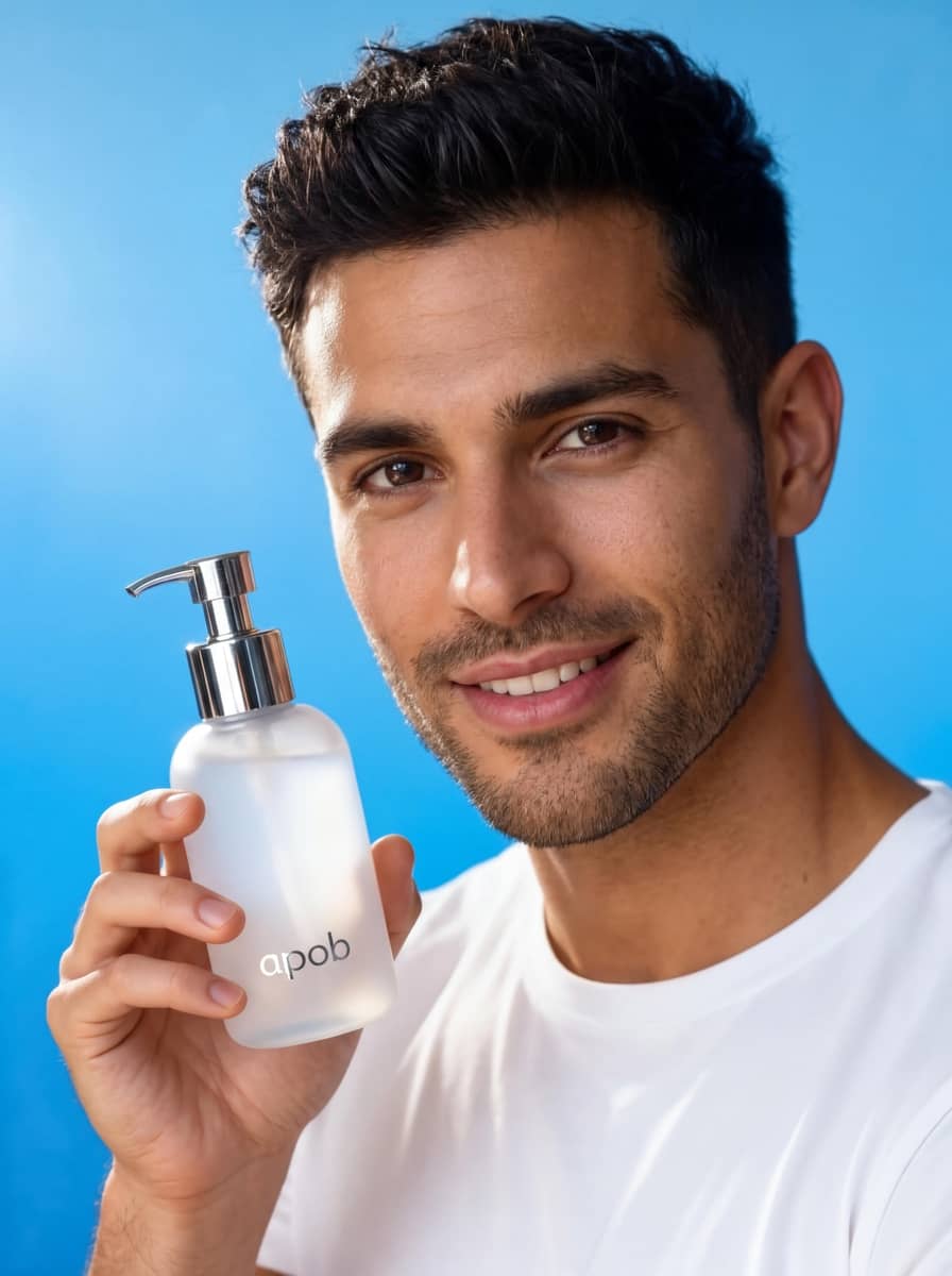 another man promoting APOB facial cleanser, fresh look, Seedream 4.0 Free.