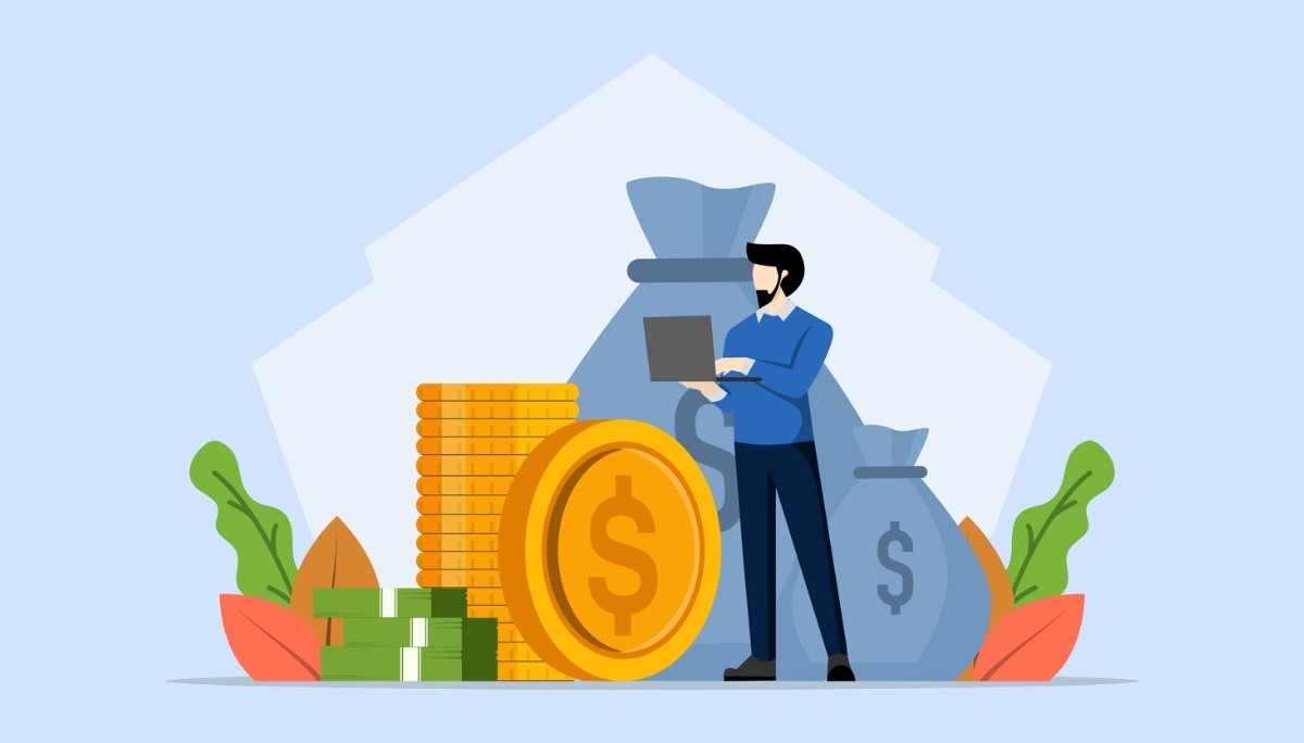 Illustration of a man analyzing financial data with stacks of coins, cash, and money bags—representing Python developer pay variations based on experience, location, and area of specialization.