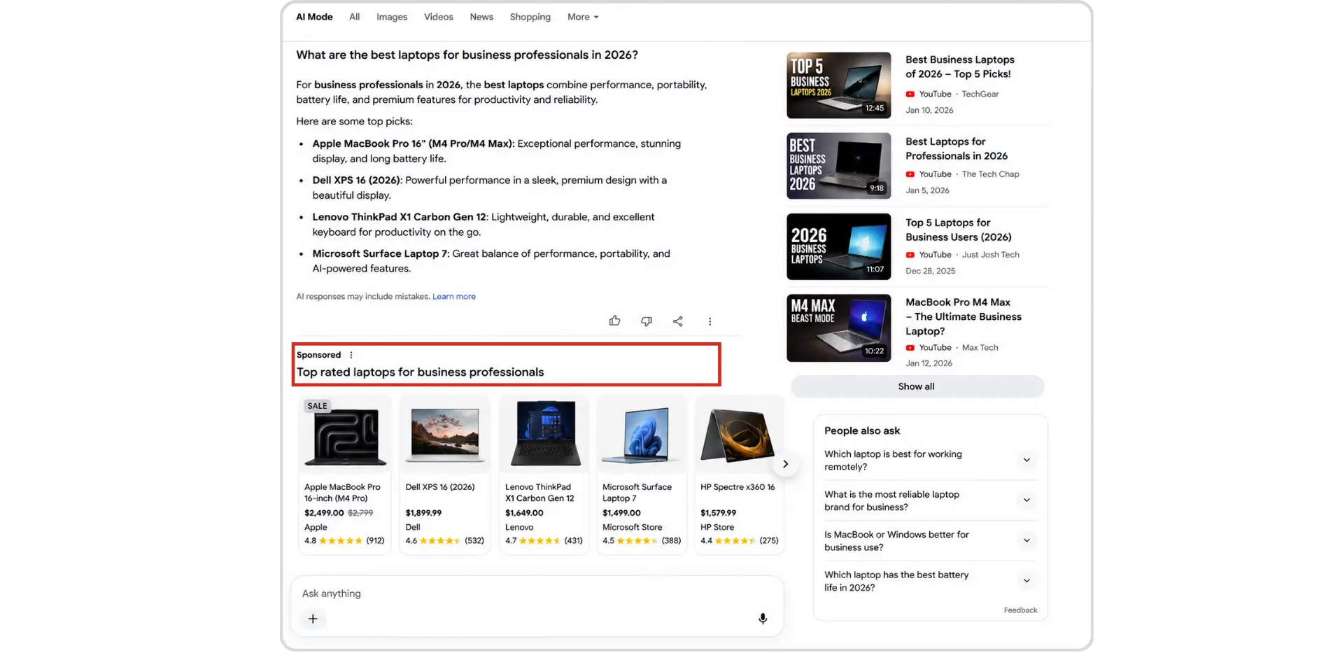 Google AI Overview with sponsored ads above the search results