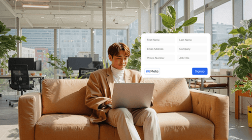 Ein Mann sitzt in einem modernen, von Sonnenlicht durchfluteten Büro mit großen Fenstern auf einem Sofa und arbeitet an einem Laptop, mit einem digitalen Anmeldeformular, das auf dem Bild angezeigt wird.