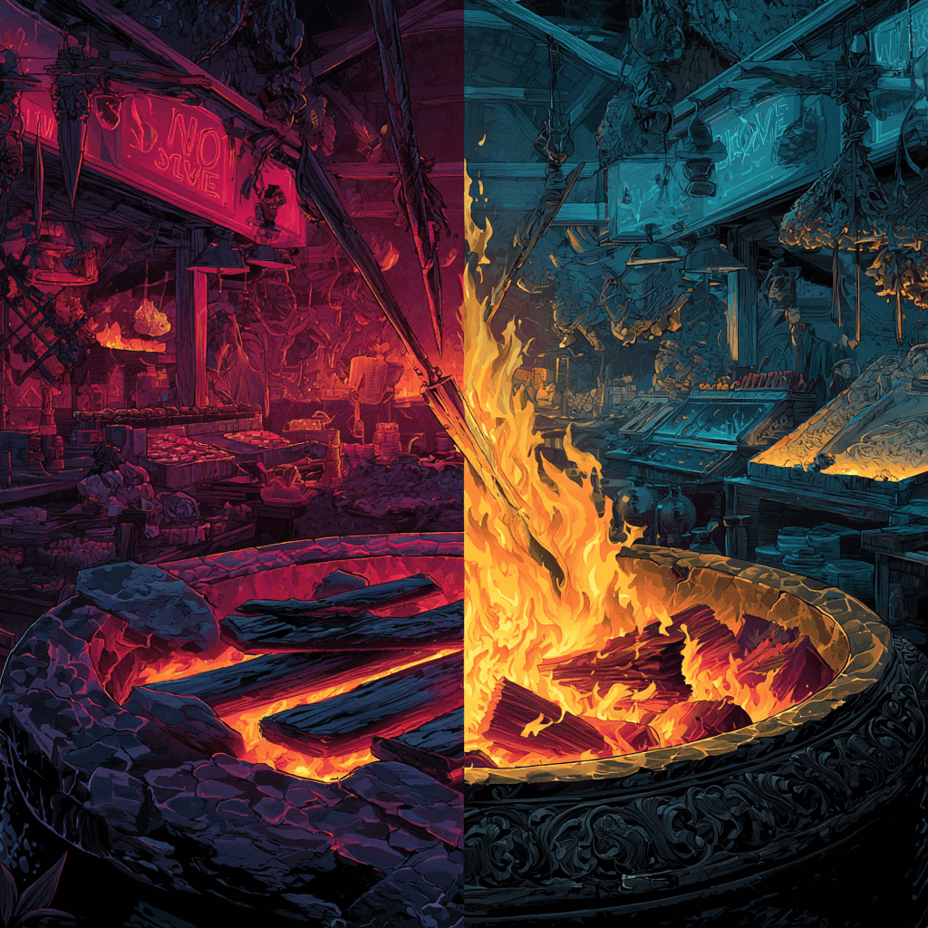 A powerful split-scene digital illustration, cinematic style on one side, a high-intensity marketplace aflame with motion: red neon signs, aggressive arrows, digital screens flashing BUY NOW, chaotic energy symbolizing fast-paced sales-driven marketing. On the other side, a quiet, smoldering hearth surrounded by carved stone pillars, soft golden embers burning slowly, symbolizing enduring brand loyalty. The two environments blend at the center into a swirling vortex of tension and synergy where bold crimson collides with deep midnight blues, metallic purples, and subdued golds. Emotionally charged expressions embedded in the atmosphere urgency and craving vs. trust and belonging. Moody lighting, dramatic shadows, fine texture detail, contrast-rich palette. Art style: surreal realism, painterly with symbolic elements. professional composition, no text.