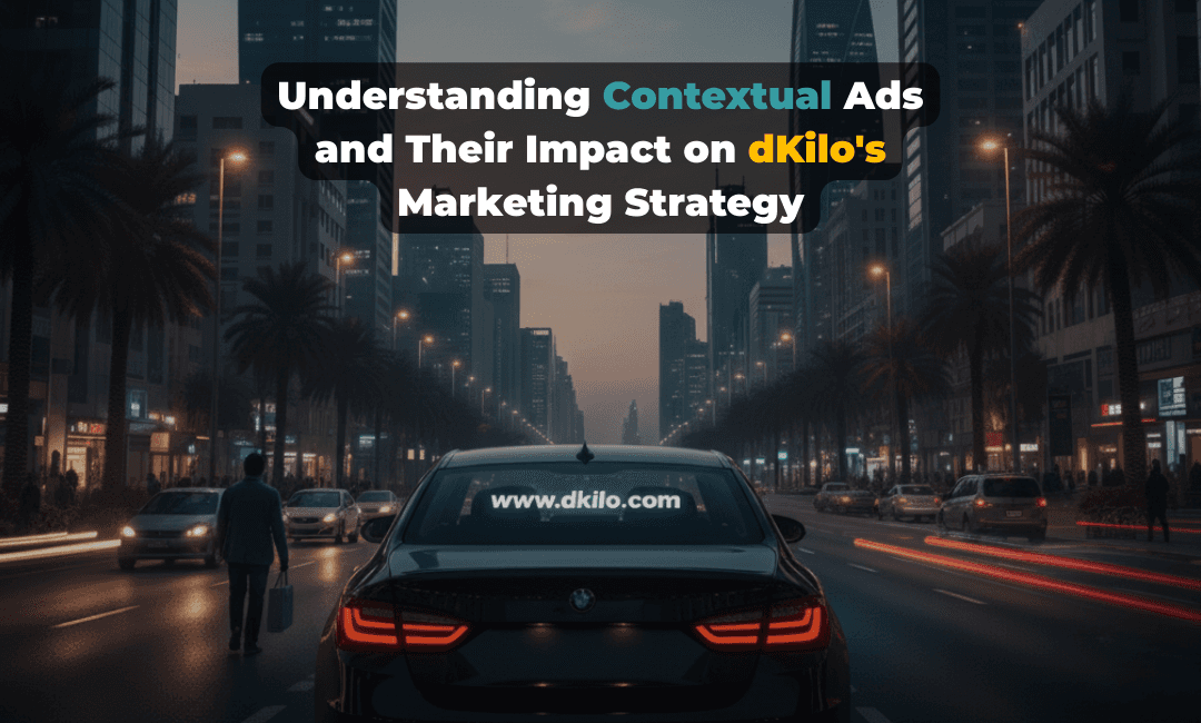 Contextual DOOH advertising visual showing a branded dKilo car driving through a city street, highlighting real-time, location-based marketing impact.
