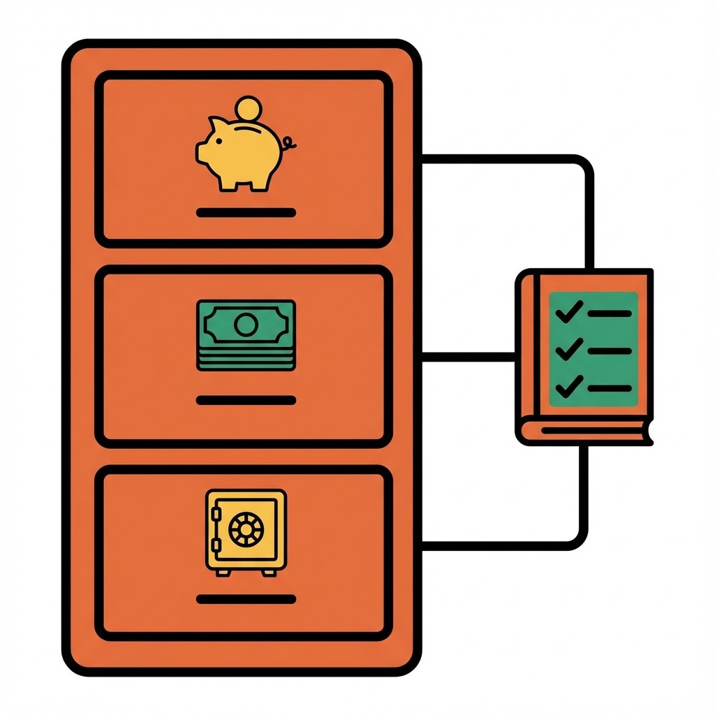 Grafik: Sparschwein, Geldscheine und Tresor in Schubladen sind mit einem Checklisten-Buch verknüpft.