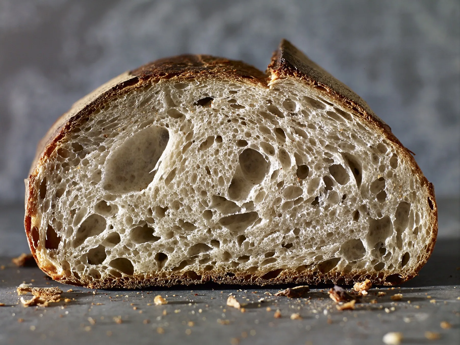 View of a half cut sourdough loaf