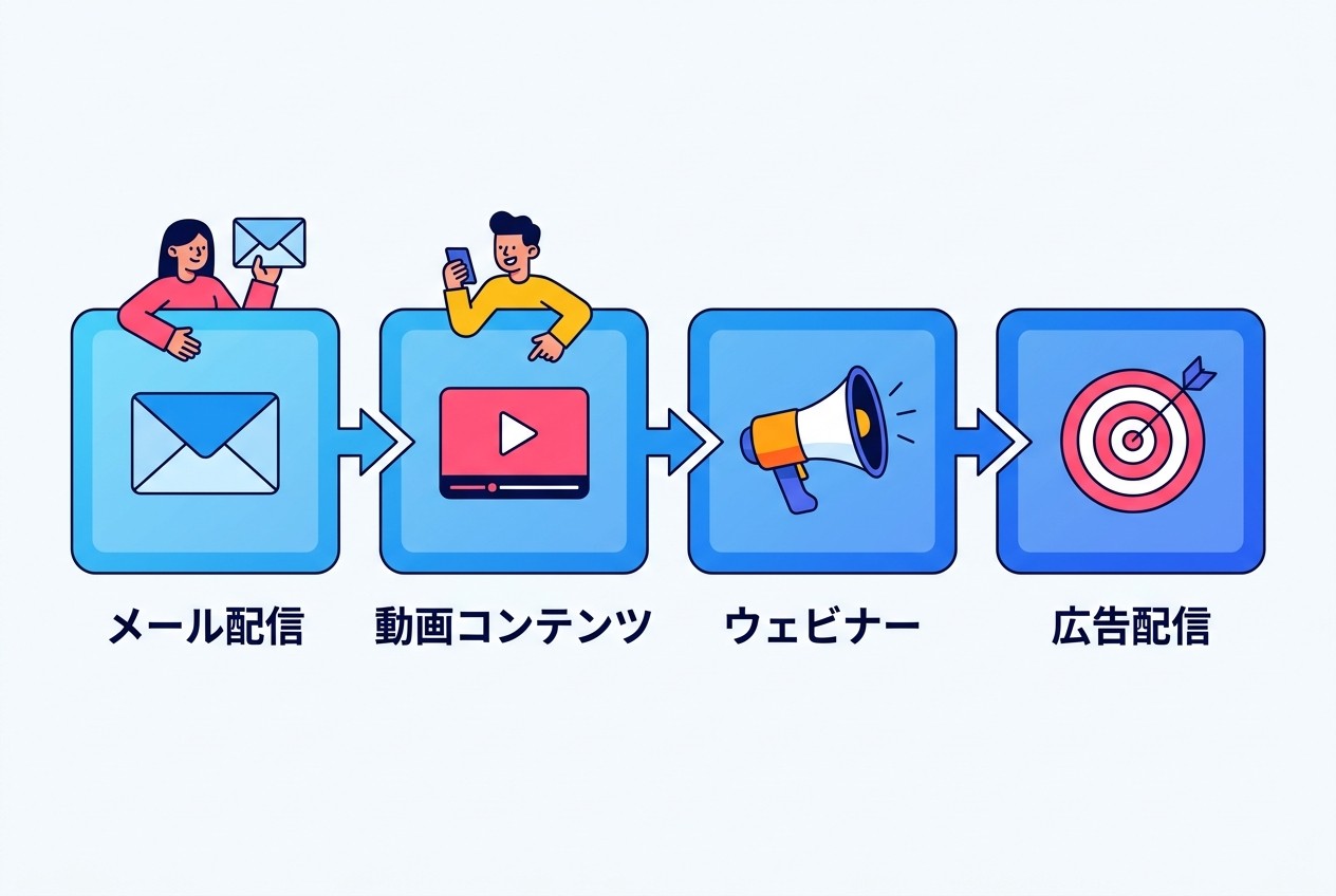 効果的なリードナーチャリングは複数チャネルの連携が不可欠。メール配信を軸に、動画コンテンツ、ウェビナー、リターゲティング広告を段階的に組み合わせることで、接触頻度と信頼度を同時に高められる。
