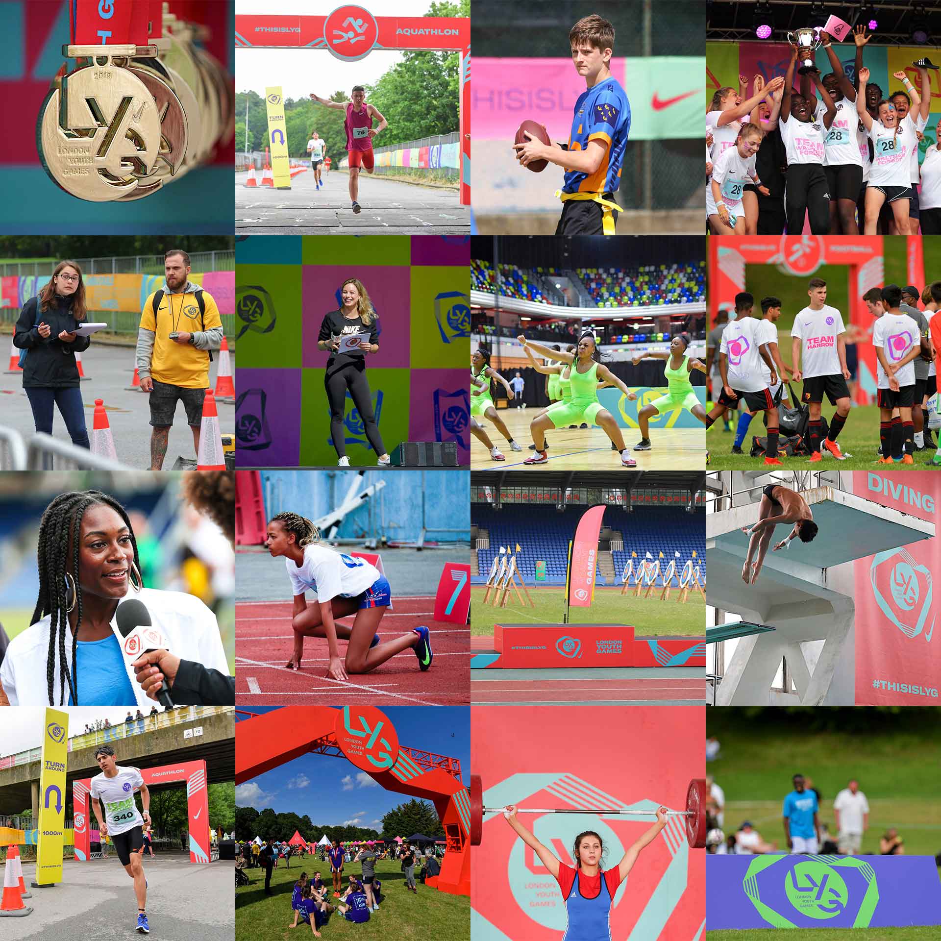 London Youth Games collage: Athletes in competition, medal, celebrations, performances, and event branding capture the games' spirit and organization's identity.