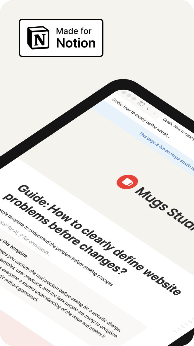 Notion template showing a website issue brief used to define problems clearly before making improvements.