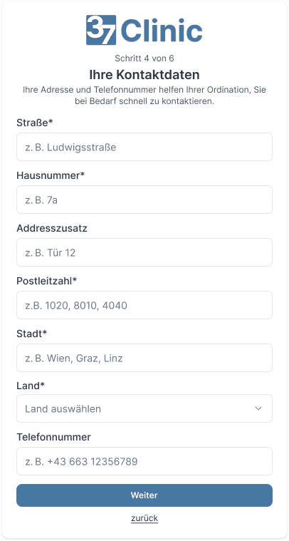37.clinic - Registrierung - Schritt 4: Kontaktdaten eingeben